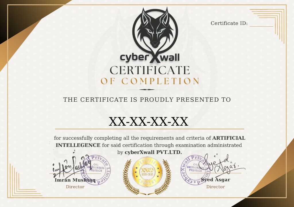 CyberXwall Artificial Intelligence & Robotics Course Certificate Sample